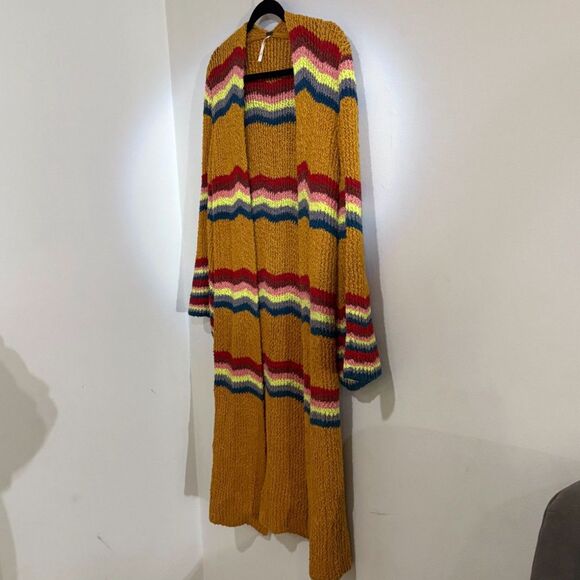 Free People Winding Road Cardigan Sweater‎ XS Yellow Striped Open Front Rainbow - Picture 2 of 8